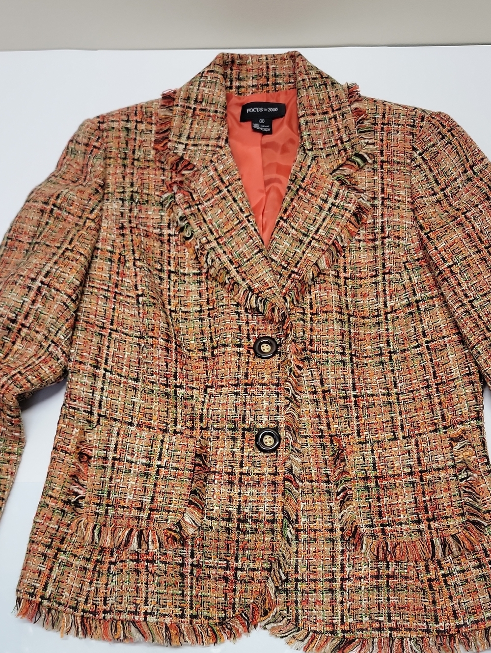 Focus 2000 Autumnal Tones Tweed Fringe Blazer 2-Button W/Pockets Sz 10 - Picture 16 of 16